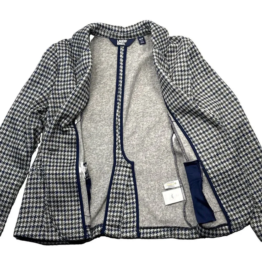 Lands’ End Knit Blazer M Petite Gray Houndstooth Blue Green One Button Career